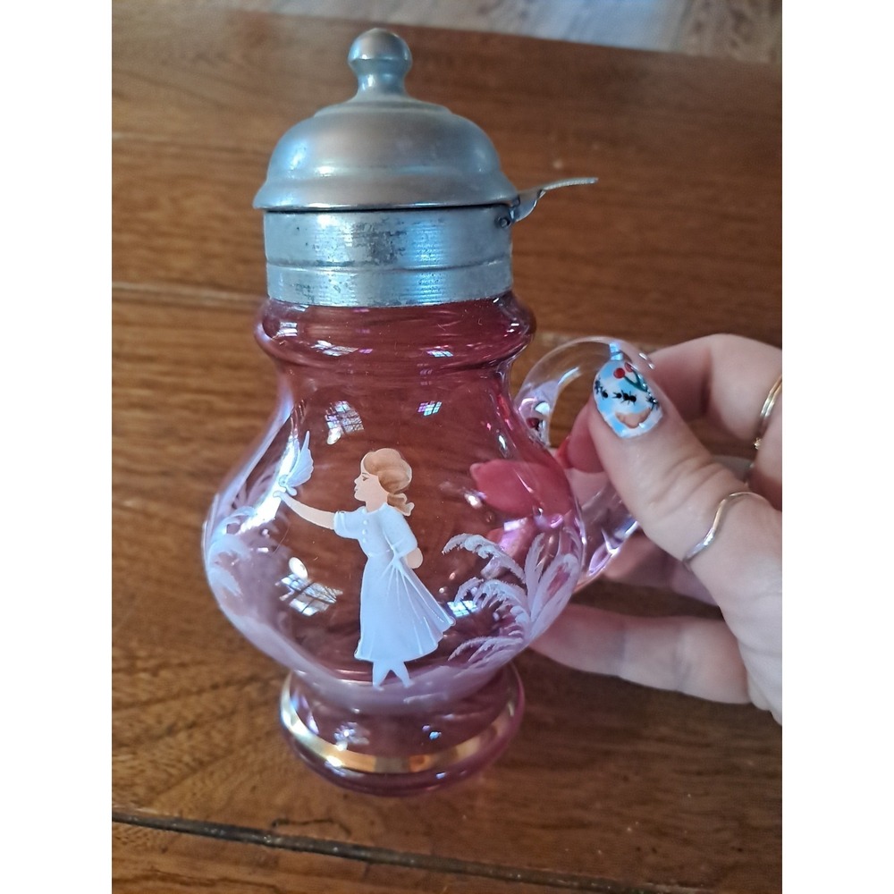 Vintage Mary Gregory Cranberry Hand Painted Blown Glass Syrup Pitcher - 1940 J5